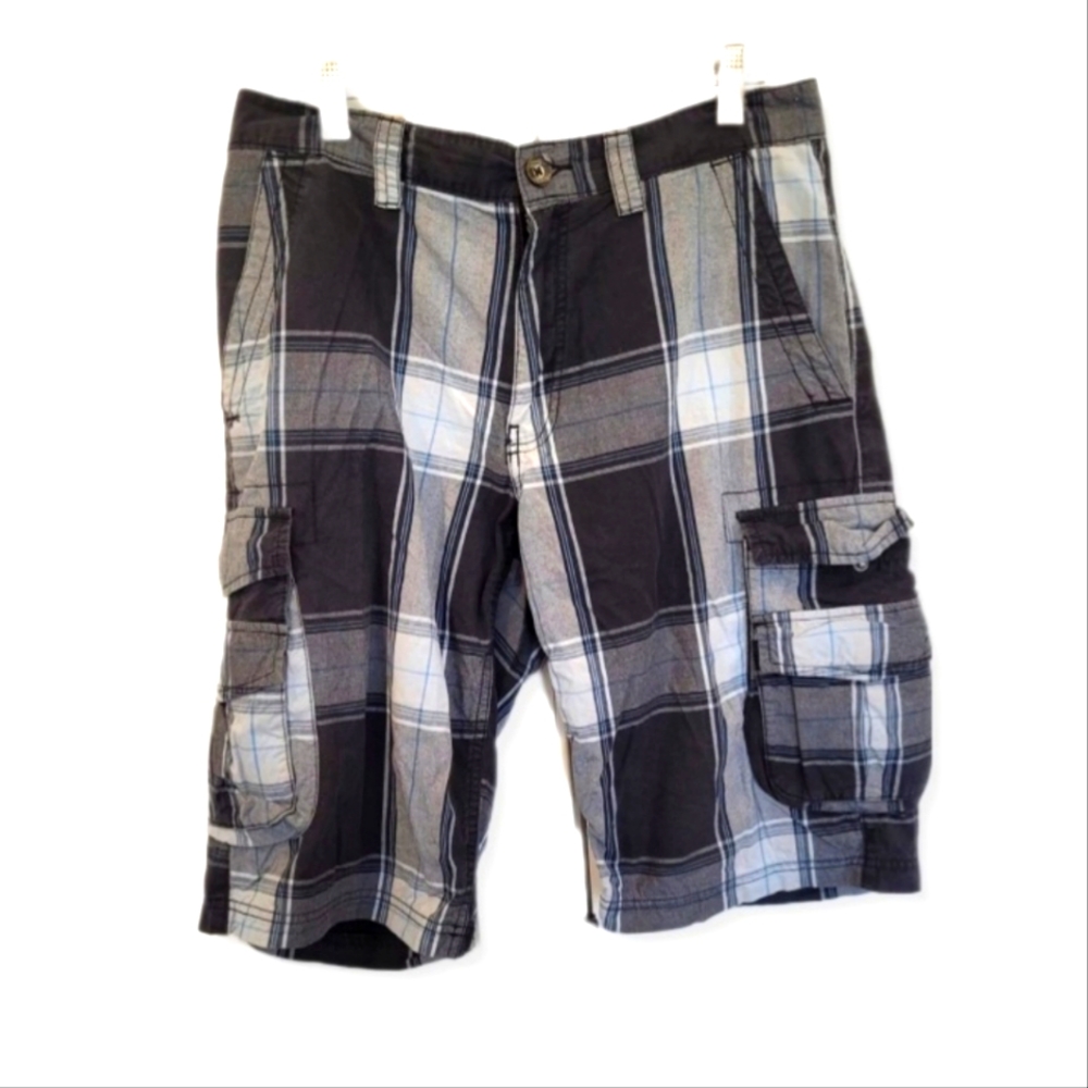 INC International Concepts Shorts Black Gray Blue Plaid Cargo Pockets Si…
